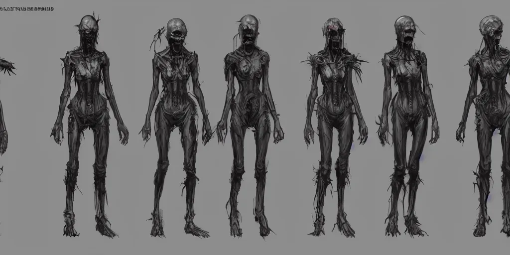 Image similar to sci - fi zombie character concept design ， character design sheet, trending on artstation