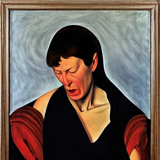 Prompt: georgia o'keeffe and caravaggio style, portrait crying at dusk