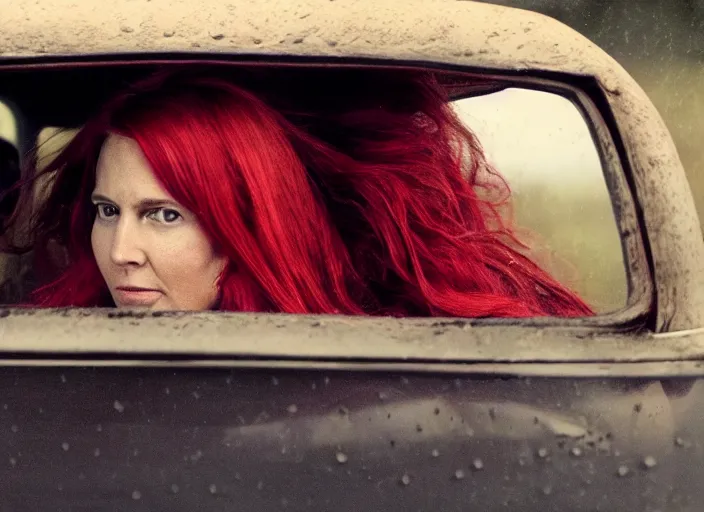 Image similar to A very high resolution image from a new movie, inside of a car, red hair woman, raining, hot, directed by wes anderson