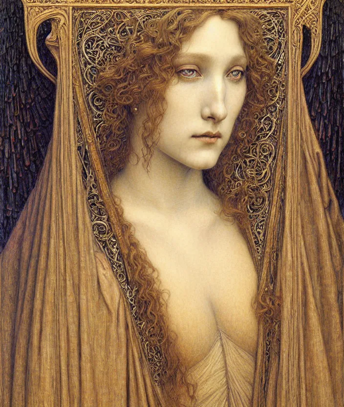 Image similar to detailed realistic beautiful young medieval queen face portrait by jean delville, gustave dore and marco mazzoni, art nouveau, symbolist, visionary, gothic, pre - raphaelite. horizontal symmetry