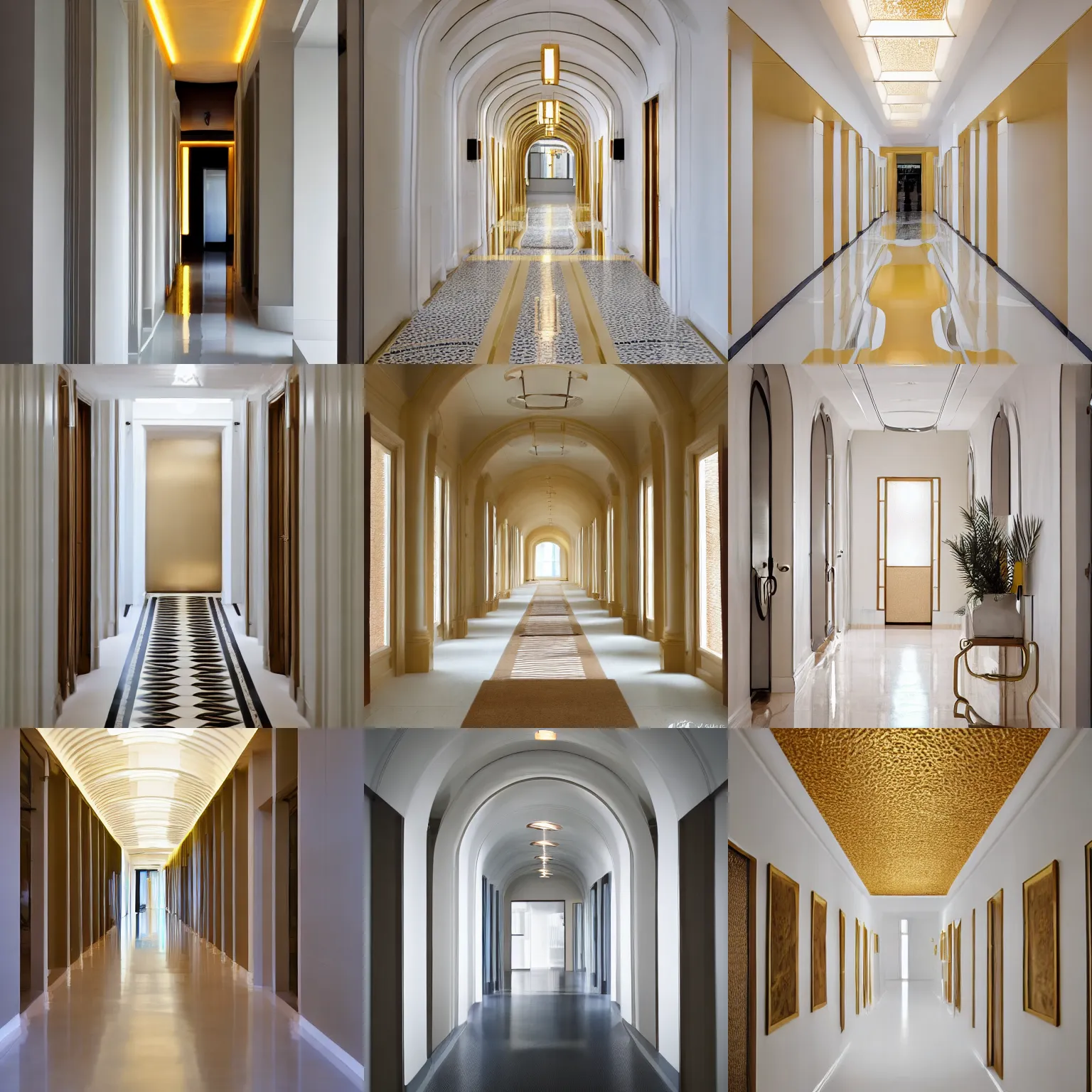 Prompt: a circular hallway with white walls and a golden glow