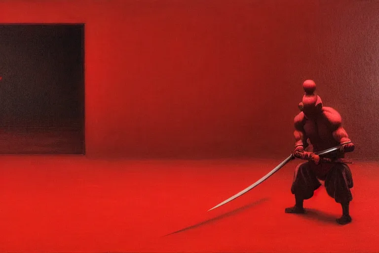 Image similar to only with red, a red samurai do seppuku, tokio, a lot of frogs watch, in the style of beksinski, parts by edward hopper, parts by rodcenko, parts by yue minjun, intricate and epic composition, red by caravaggio, insanely quality, highly detailed, masterpiece, red light, artstation, 4 k