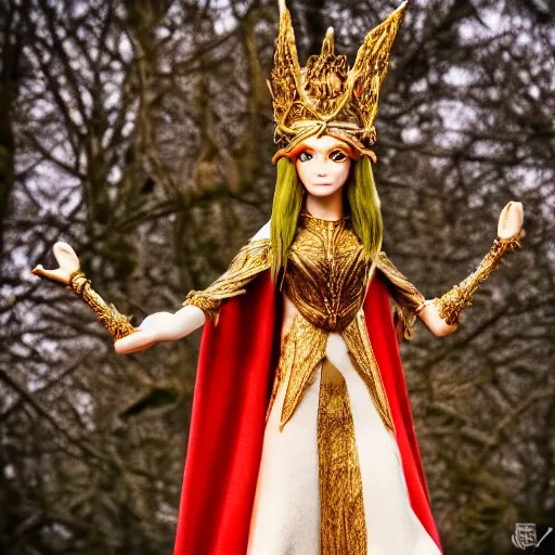 Prompt: photo of a beautiful elven queen queen with ornate crown and cloak, telephoto lens