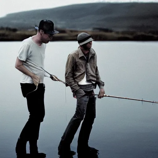 Image similar to damon albarn and thom yorke going fishing, photograph, film photography, soft lighting, 8 k