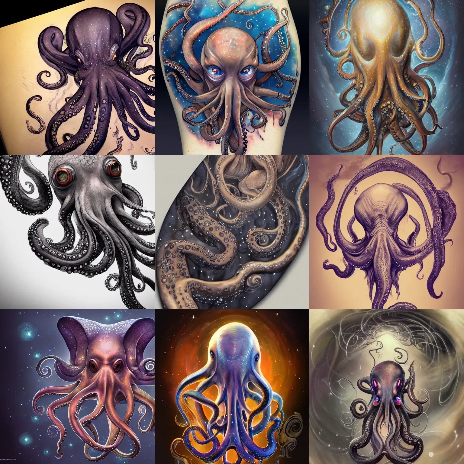Prompt: a WLOP 3d render of Very very very very highly detailed beautiful mystic portrait of a phantom octopus with whirling galaxy around, tattoos by Anton Pieck, intricate, extremely detailed, digital painting, artstation, concept art, smooth, sharp focus, illustration, intimidating lighting, incredible art,
