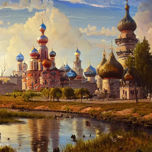 Prompt: beautiful magical ancient Slavic city of Kitezh, oil painting, painting by Viktor Vasnetsov, concept art, fantasy cityscape, ancient Russian architecture, painting by Ivan Shishkin, hyperborea, high resolution, trending on artstation,