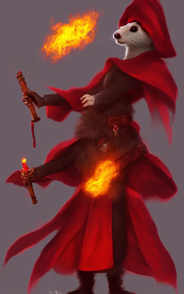 Image similar to a anthropomorphic ferret is a dark warlock dressed red robes, he's very menacing and evil, he's holding a fireball, hyperdetailed, artstation, cgsociety, 8 k