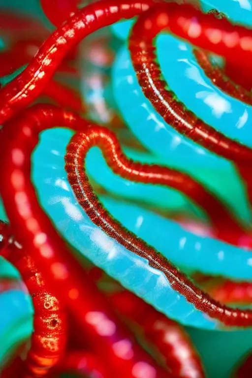 Image similar to high quality close-up photo translucent gelatinous worms! gorgeous red dots highly detailed hannah yata elson peter cinematic turquoise lighting high quality low angle hd 8k sharp shallow depth of field