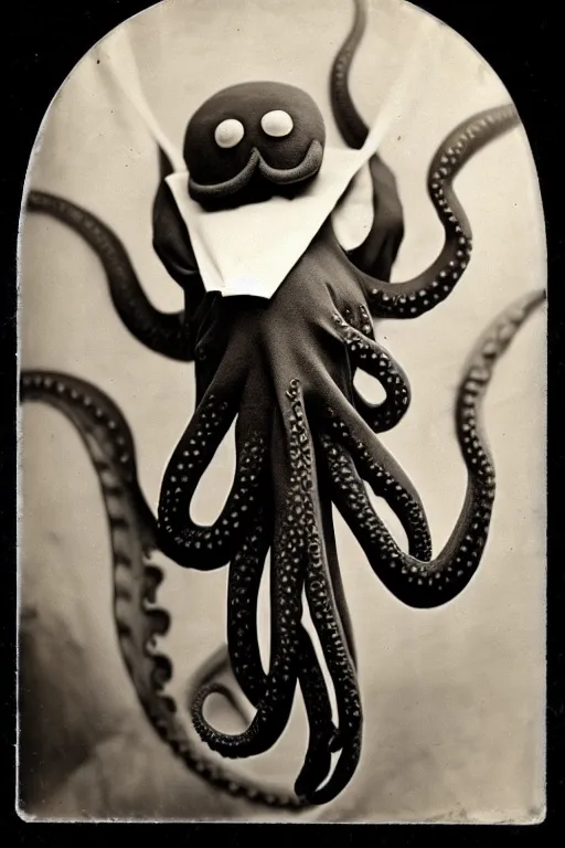 Image similar to anthropomorphic octopus , wearing a suit, tentacles spilling out of the collar, vintage photograph, sepia