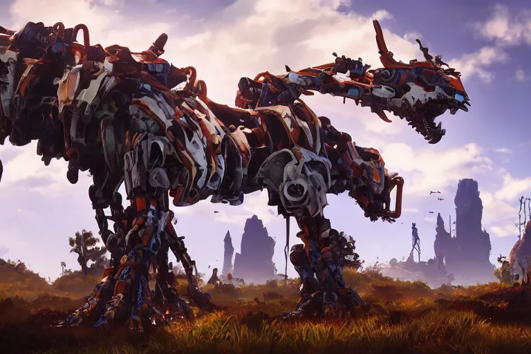 Image similar to tallneck machine mecha animal beast robot of horizon forbidden west horizon zero dawn bioluminiscence global illumination ray tracing hdr fanart arstation by sung choi and eric pfeiffer and gabriel garza and casper konefal