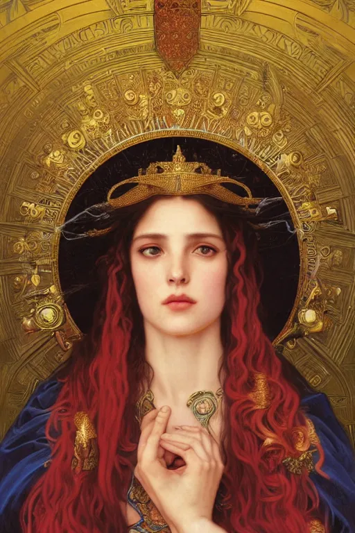 Image similar to Portrait of historically accurate, biblical, sneering, young, wicked, terrible, evil, pagan, beautiful, queen jezebel of ancient Israel, wearing gilded robes, long hair, intricate, elegant, highly detailed, masterpiece, illustration, art by artgerm and greg rutkowski and alphonse mucha and Wayne Barlowe and william-adolphe bouguereau, highly detailed, trending on artstation, award winning