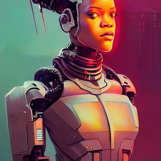 Image similar to cyborg Rihanna profile picture by Greg Rutkowski, dynamic pose, intricate details, futuristic, volumetric lights, streetwear, studio ghibli, Organic Painting , Matte Painting, geometric shapes, hard edges, trending on the artstation, fantasy LUT, realistic by Sachin Teng + Martin Grip + Moebius + Patrick Gleason, smooth, sharp focus, techwear, Industrial Scifi, detailed illustration, character portrait, highly detailed, digital painting, artstation, concept art, soft light, hdri, smooth, sharp focus, illustration, art by tian zi and craig mullins and WLOP and alphonse much,