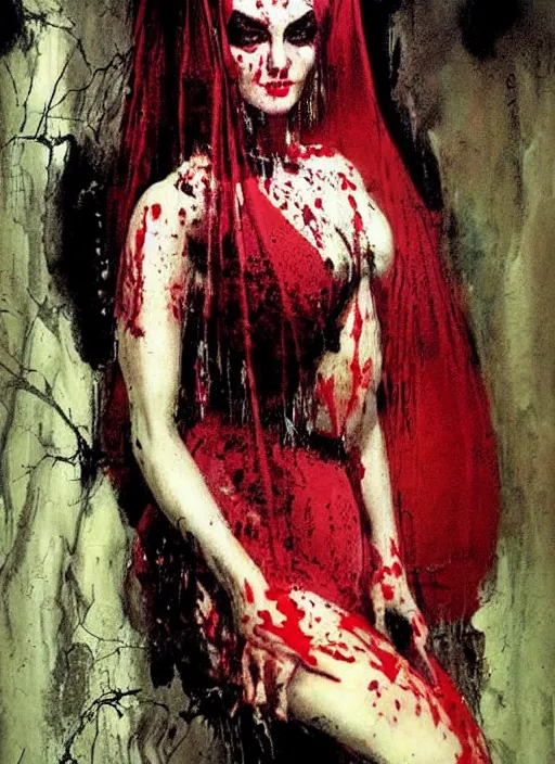 Prompt: portrait of svelt iranian vampiress, jeweled veil, strong line, saturated color, beautiful! coherent! by frank frazetta, high contrast, blood splatter background