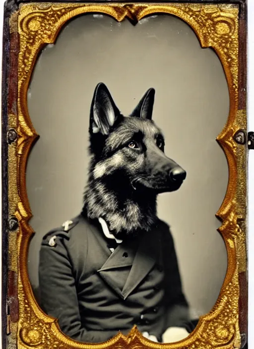 Image similar to professional studio photo portrait of anthro anthropomorphic german shepard head animal person fursona smug smiling wearing elaborate military general uniform clothes degraded medium by Louis Daguerre daguerreotype tintype