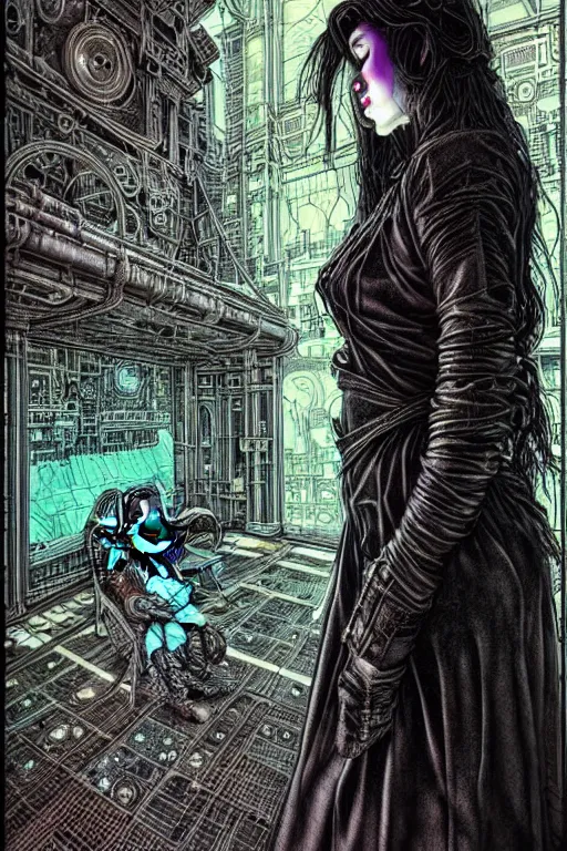 Image similar to dreamy cyberpunk girl in vr headset, black long hair, heavy metal robe, beautiful woman, detailed acrylic, grunge, intricate complexity, by dan mumford and by alberto giacometti, arthur rackham