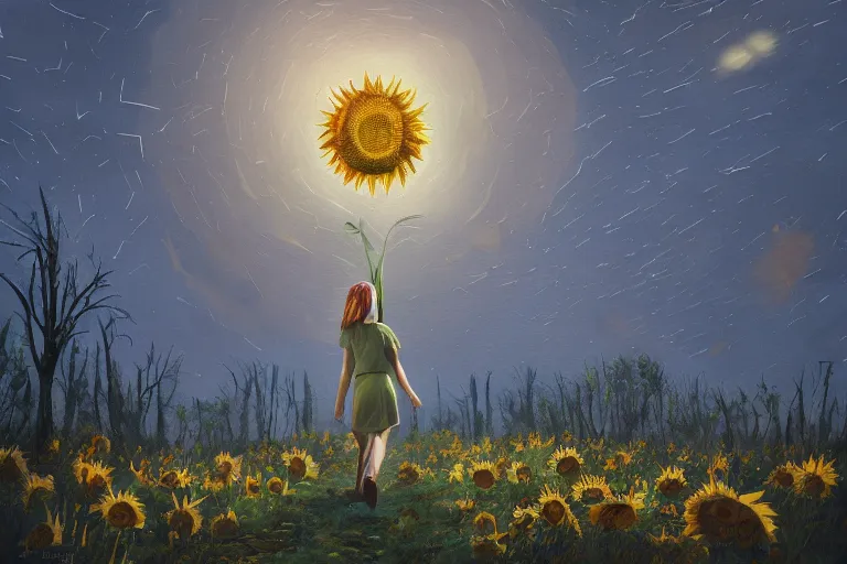 Image similar to giant sunflower as a face, girl walking between old trees, hills, surreal photography, dark night, star trails, dramatic light, impressionist painting, clouds, digital painting, artstation, simon stalenhag