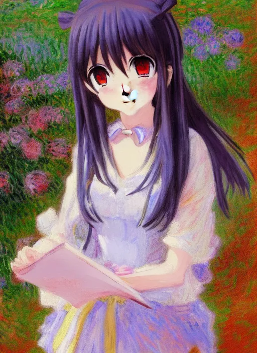 Prompt: an extremely cute girl, very anime, trending artwork, 4 k, anime painter studio, an impressionist style by claude monet