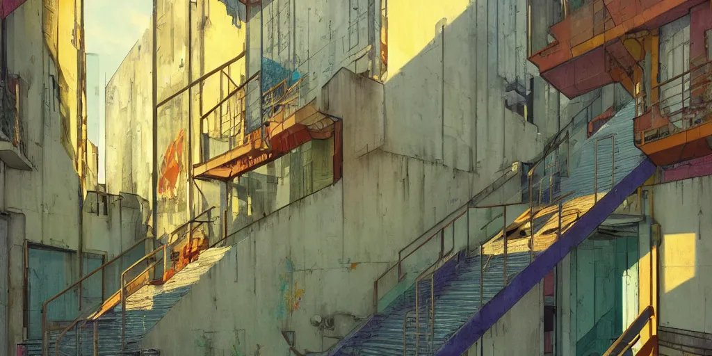 Image similar to neo brutralism, concrete housing, a long stairway going up, concept art, colorful, vivid colors, sunshine, light, shadows, reflections, oilpainting, cinematic, 3D, in the style of Akihiko Yoshida and Edward Hopper