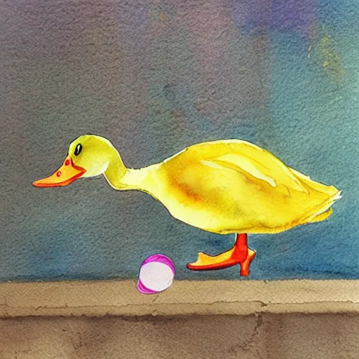Image similar to hyper realistic watercolor yellow duck with party horn, cute illustration by basia tran