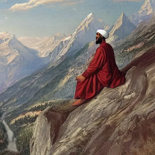 Prompt: a glorified muslim, over the mountains