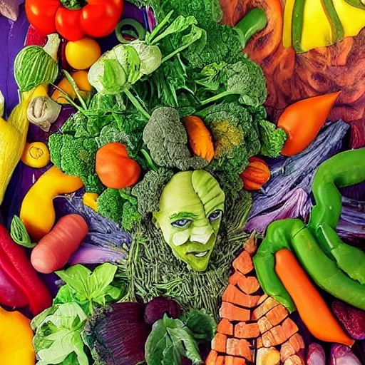 Prompt: art attack with neil buchanan making picture of man made out of vegetables, getting attacked by birds, alfred hitchcock birds, top down view, bird's eye view, artwork by Giuseppe Arcimboldo