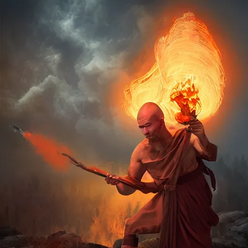 Image similar to ram horned monk brings fire down from the sky, medieval style, trending on artstation, highly detailed, digital painting, volumetric light, 8k