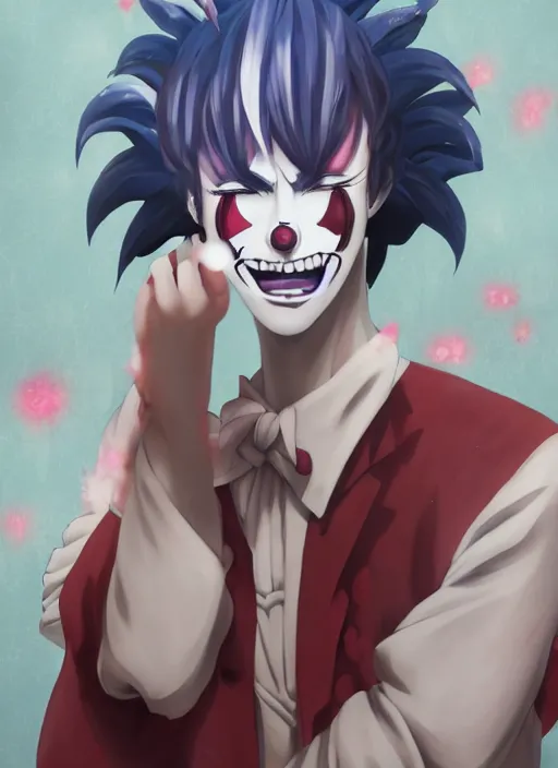 Image similar to portrait of the clown removing his makeup, anime fantasy illustration by tomoyuki yamasaki, kyoto studio, madhouse, ufotable, trending on artstation