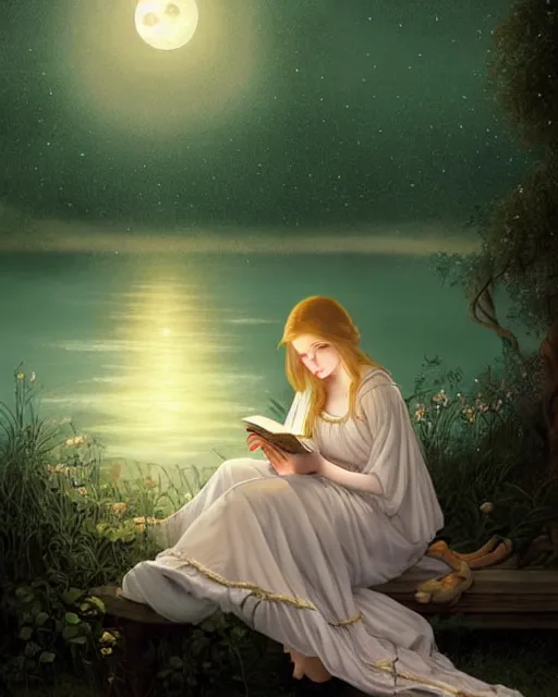 Prompt: girl in white nightgown reading a book by the river, a full moon on the horizon, dark starry sky, dreamy fantasy ambience with golden orbs and fireflies, detailed gothic illustration bright moon light, by edmund blair leighton, brom, charlie bowater, face by otto schmidt