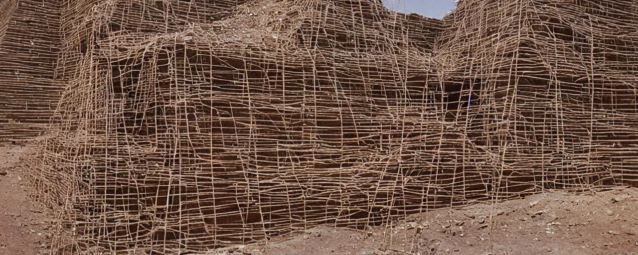 Image similar to spaghetti overflowing an ancient mesopotamian ziggurat, architectural, minimal, canon 5 0 mm, wes anderson film, kodachrome