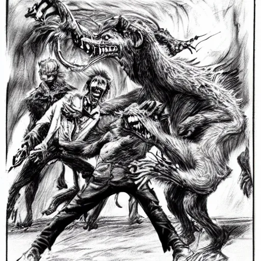 Image similar to fantasy artwork of Tom Waits and William S Burroughs fighting werewolves as drawn by Bernie Wrightson