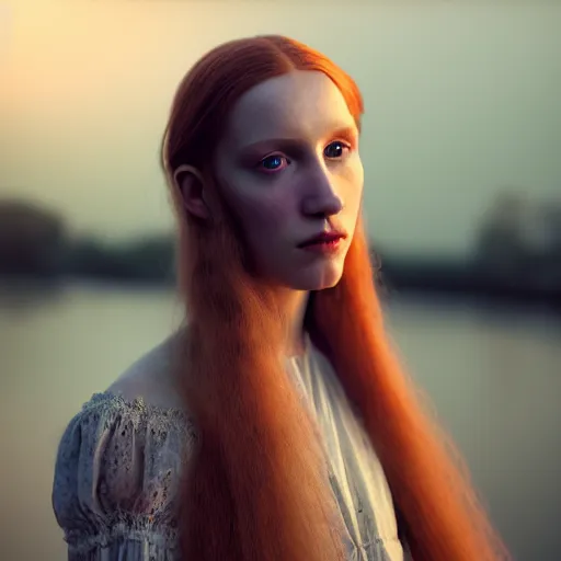 Image similar to photographic portrait of a stunningly beautiful english renaissance female in soft dreamy light at sunset, beside the river, soft focus, contemporary fashion shoot, in a denis villeneuve and tim burton movie, by edward robert hughes, annie leibovitz and steve mccurry, david lazar, jimmy nelsson, extremely detailed, breathtaking, hyperrealistic, perfect face, octane render