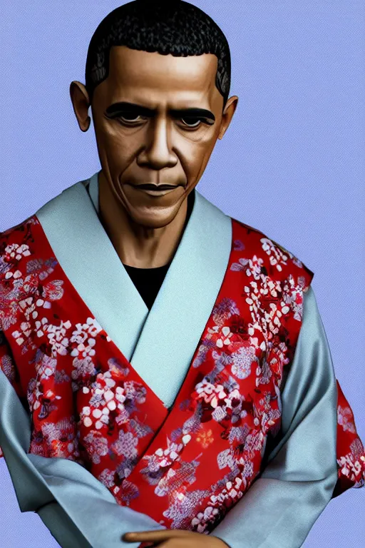 Image similar to full body 3d render of barack obama as an anime doll wearing a beautiful kimono, shinto shrine, blender, trending on artstation, 8k, highly detailed, bokeh, depth of field