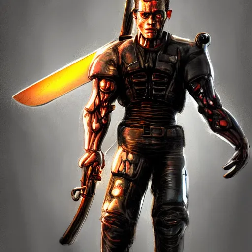 Prompt: terminator holding a sword, digital art, highly detailed, trending on artstation