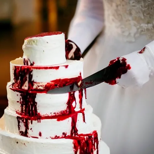 Prompt: wedding cake knife slice with blood dripping from the slice in a surrealistic style