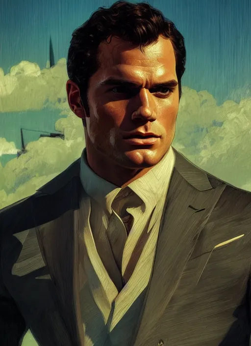 Image similar to portrait of henry cavill as james bond, key art, palm trees, vintage aston martin, highly detailed, digital painting, artstation, concept art, cinematic lighting, sharp focus, illustration, by gaston bussiere alphonse mucha