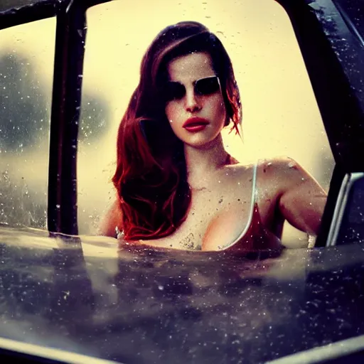 Prompt: detailed photo of lana del rey in a wet t shirt competition, 8 k, by greg rutkowski, artgerm, pushed up against car window,