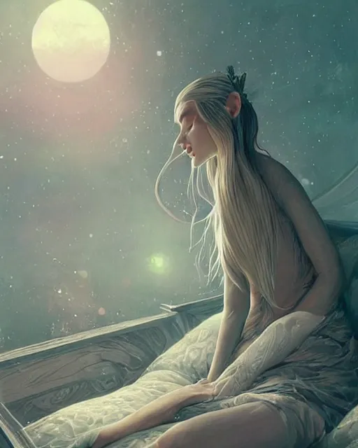 Image similar to beautiful painting of a elven sleeping on a bedroom, poster art by mor than, cgsociety, space art, sci - fi, cosmic horror, sense of awe, art by mike winkelmann, sky night, illustration, highly detailed, simple, smooth and clean vector curves, no jagged lines, vector art, smooth, artstation