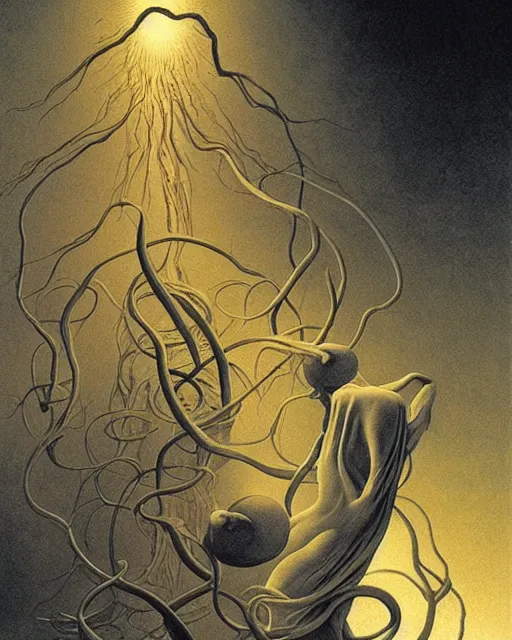 Prompt: conjuring!!! an image!!! from noise!!!, by michael parkes, zdzisław beksinski, and larry elmore, intricate, chaotic, hopefull, volumetric lighting