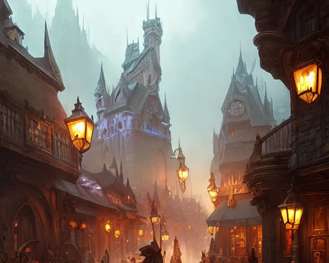 Prompt: fantasy town streets, cloudy, dark, natural lighting, deep focus, d & d, fantasy, intricate, elegant, highly detailed, digital painting, artstation, concept art, matte, sharp focus, illustration, hearthstone, art by artgerm and greg rutkowski and laura sava and alphonse mucha