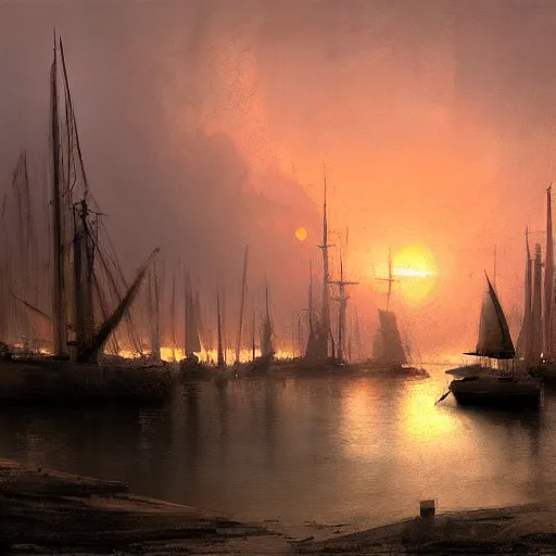 Prompt: an old harbour at dusk by greg ruthkowski and craig mullins and caspar david friedrich