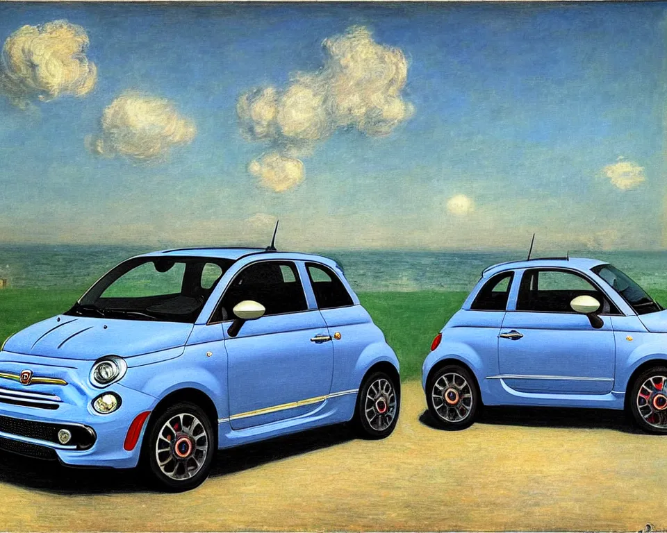 Image similar to achingly beautiful painting of a silver 2 0 1 3 fiat 5 0 0 abarth by rene magritte, monet, and turner.