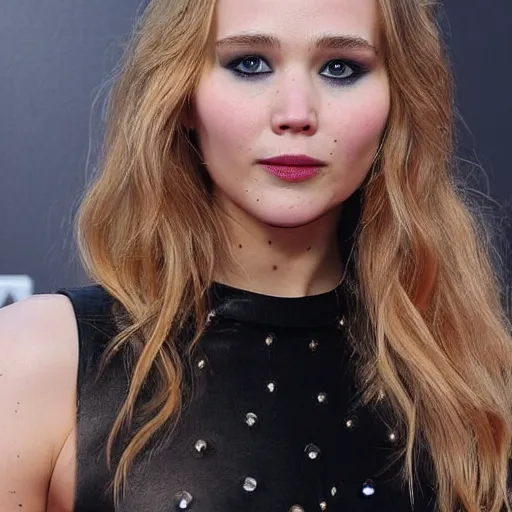 Image similar to a woman who is a genetic combination of jennifer lawrence and elizabeth olsen face and upper - body focus