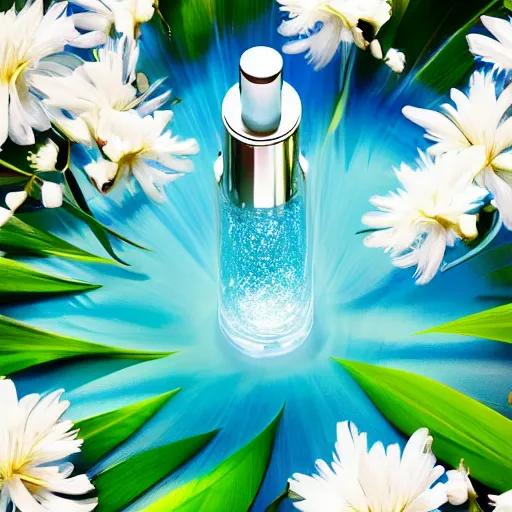 Image similar to centered bright perfume bottle standing in clear blue rippling water surrounded by a plethora of white flowers and tropical leaves and fauna upfront, with dreamy bright blue sky and clouds in the background, illumination lighting, sharp focus, surreal photography, vogue, hartper's bazaar, sephora,