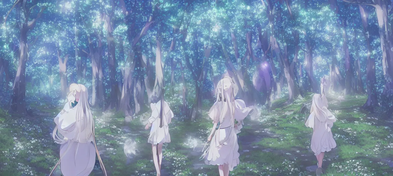 Image similar to illyasviel walking through enchanted ghibli clover | Big Moon at Blue Night | Trees with white flowers | bioluminescent blue FLOWERS | strong blue rimlit | visual-key | anime illustration | highly detailed High resolution | Light Novel | Visual Novel | In the style of Miyama-Zero, Yuuki Hagure