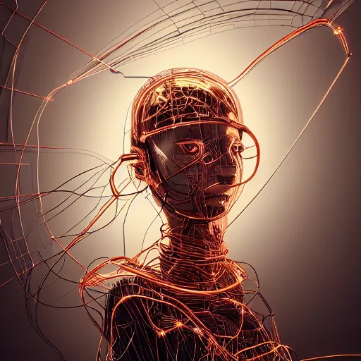 Image similar to a beautiful body of a pilot woman partially made of wires and electronic circuits, an ultrafine detailed illustration by james jean, final fantasy, intricate linework, bright colors, behance contest winner, vanitas, angular, altermodern, unreal engine 5 highly rendered, global illumination, radiant light, detailed and intricate environment