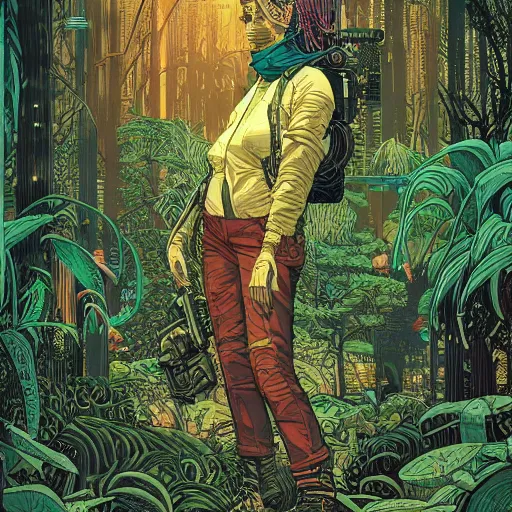 Image similar to stunningly intricate portrait of a single cyberpunk explorer in a lush forest, highly detailed, midnight, by victo ngai and afarin sajedi, moebius, laurie greasley