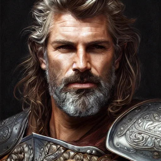 Prompt: portrait of a ruggedly handsome paladin, soft hair, muscular, half body, masculine, mature, sweaty, leather, hairy, d & d, fantasy, intricate, elegant, highly detailed, digital painting, artstation, concept art, smooth, sharp focus, illustration, art by artgerm and greg rutkowski and alphonse mucha