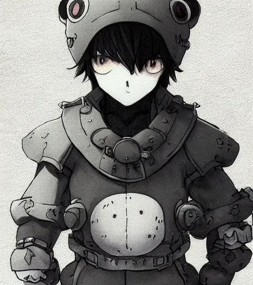 Image similar to attractive little boy wearing an cyborg bear suit, artwork in kentaro miura and made in abyss and inazuma eleven, smooth, beautiful lightness, anatomically correct, trending on pixiv, fascist composition, realistic