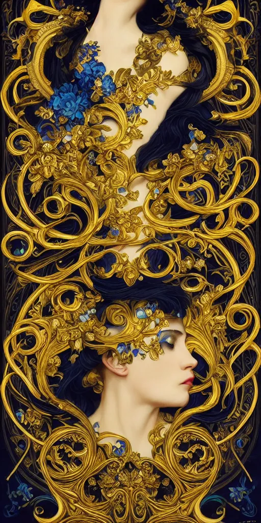 Image similar to black blue yellow, complicated gold and blue flowers the baroque style decoration, dark fantasy, intricate, elegant, highly detailed, digital painting, artstation, concept art, matte, 3 d 8 k octane rendered, sharp focus, illustration, octane rendered, art by artgerm and alphonse mucha, leesha hannigan