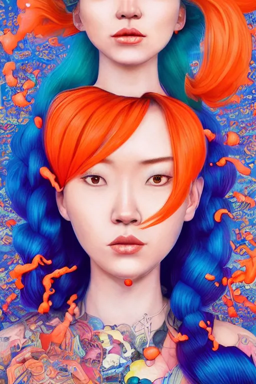 Image similar to a award winning half body portrait of a beautiful caucasian woman in a croptop and cargo pants with ombre orange blue teal hairstyle with head in motion and hair flying by yoshii chie and hikari shimoda and martine johanna and will eisner, outrun, vaporware, digital art, trending on artstation, highly detailed, fine detail, intricate